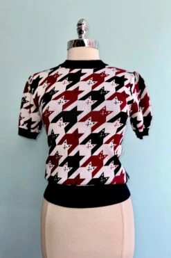 Burgundy And Black Cat Short Sleeve Sweater