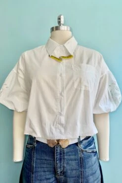 White Cropped Embroidered Sleeve Button Down Top -MODERN MILLIE Shop E8D8F5D8 19AE 4F61 99FC FDB74E2F6CD4