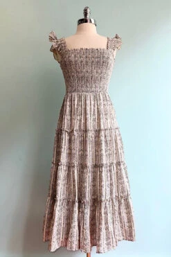 Floral And Striped Smocked Ruffle Sleeve Midi Dress