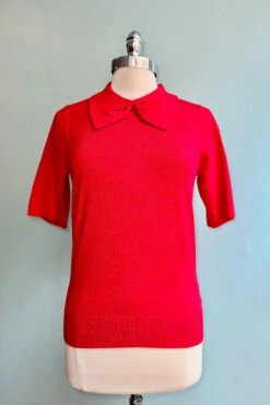 Red Bow Collared Short Sleeve Sweater By Banned
