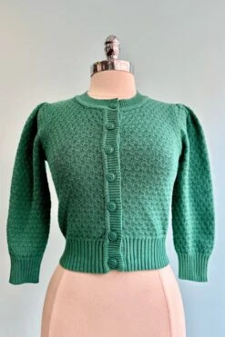 Kelly Green Puff Sleeve Cropped Cardigan
