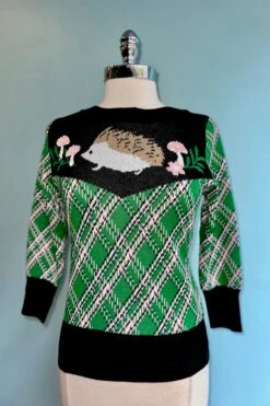 Final Sale Green Plaid And Hedgehog Pullover Sweater