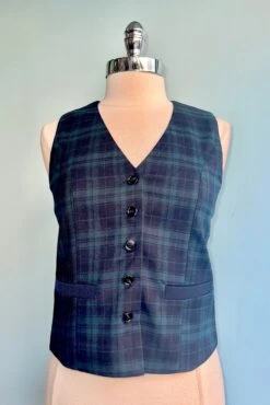 Navy And Green Plaid Vest By Molly Bracken