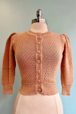 Tan Puff Sleeve Cropped Cardigan