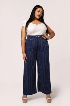 Navy Pinstripe Wide Leg Costello Pants By Hell Bunny -MODERN MILLIE Shop H50371P COSTELLO TROUSERS NVY 002 Large d16ceabb f684 4599 8d32 ff34610a64de