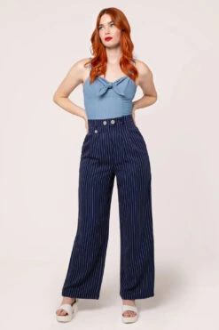 Navy Pinstripe Wide Leg Costello Pants By Hell Bunny