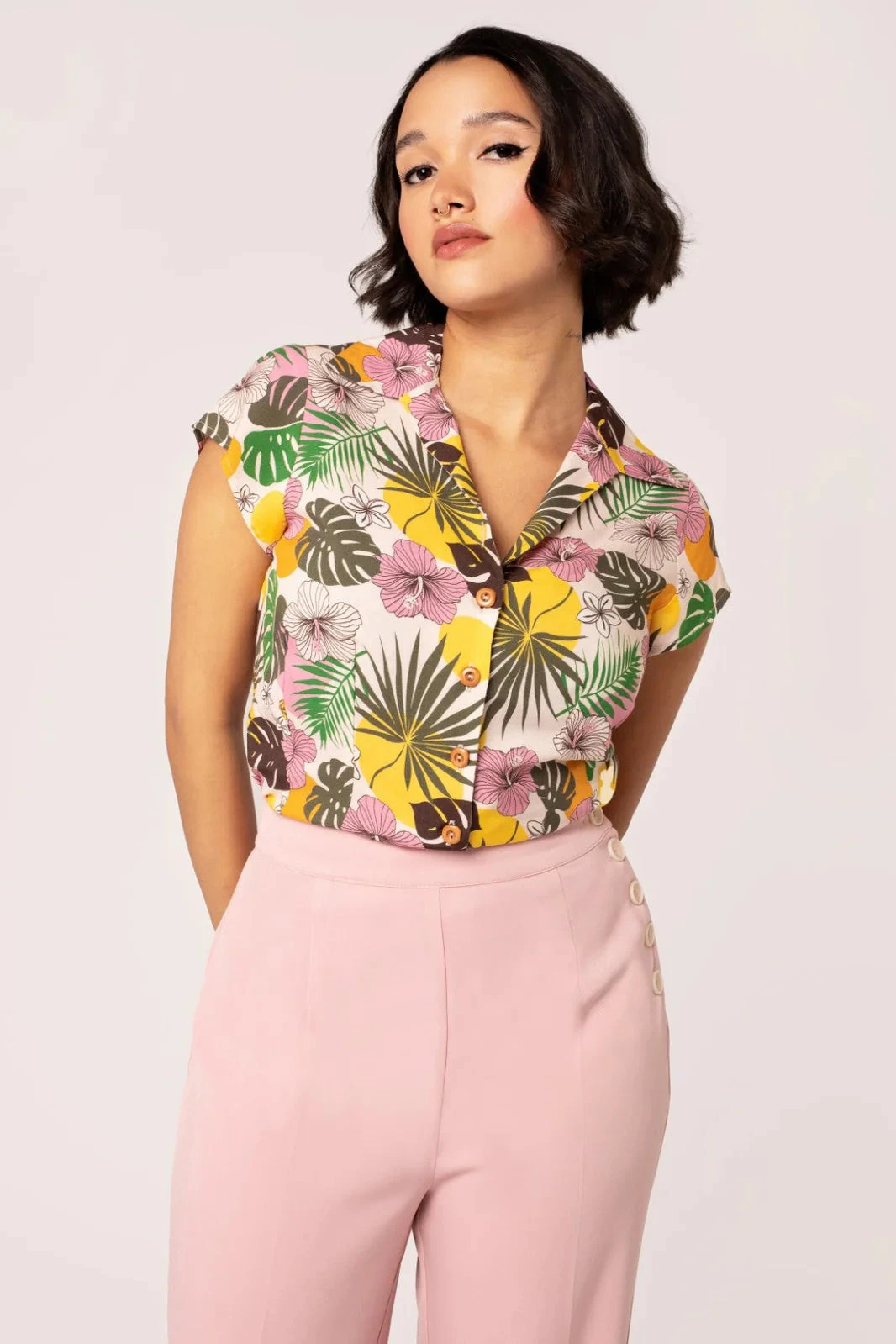 Benita Tropical Print Button Down Top by Hell Bunny Benita Tropical Print Button Down Top By Hell Bunny -MODERN MILLIE Shop H60360 BENITA BLOUSE BEI 001 Large 21479dc5 ce57 4c31 8272 e1ea0724637e