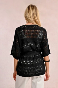 Crochet Belted Cardigan In Black By Molly Bracken -MODERN MILLIE Shop LA1708DPBLACK BACK