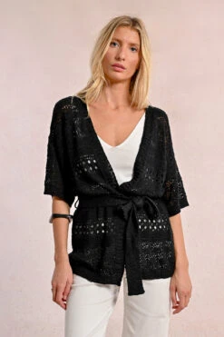 Crochet Belted Cardigan In Black By Molly Bracken -MODERN MILLIE Shop LA1708DPBLACK FRONT
