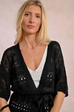 Crochet Belted Cardigan In Black By Molly Bracken -MODERN MILLIE Shop LA1708DPBLACK ZOOM