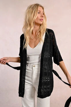 Crochet Belted Cardigan In Black By Molly Bracken -MODERN MILLIE Shop LA1708DPBLACK1317