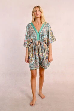 Paisley Silky Caftan Dress By Molly Bracken -MODERN MILLIE Shop LAB156DE GREEN BLOOMA FRONT 5