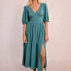 Teal Green Puff Sleeve Smocked Midi Dress By Molly Bracken