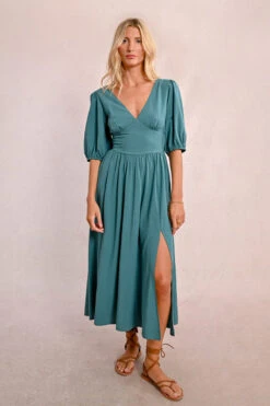 Teal Green Puff Sleeve Smocked Midi Dress By Molly Bracken