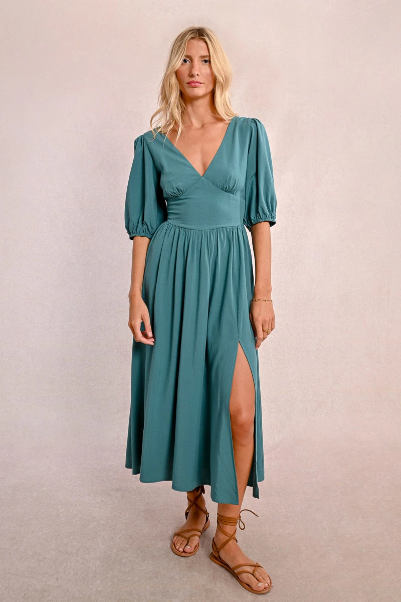 Teal Green Puff Sleeve Smocked Midi Dress by Molly Bracken Teal Green Puff Sleeve Smocked Midi Dress By Molly Bracken -MODERN MILLIE Shop R1712DPEMERALDGREEN FRONT