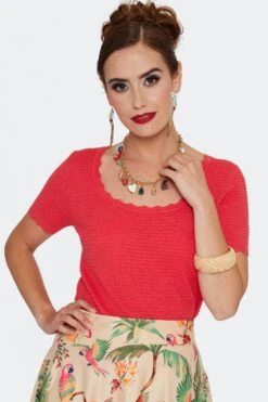 Coral Scalloped Edge Knit Pullover Sweater By Voodoo Vixen -MODERN MILLIE Shop SWA7157 COR 01