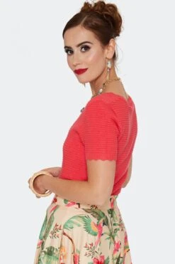 Coral Scalloped Edge Knit Pullover Sweater By Voodoo Vixen -MODERN MILLIE Shop SWA7157 COR 02