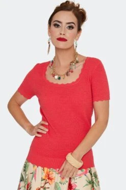 Coral Scalloped Edge Knit Pullover Sweater By Voodoo Vixen -MODERN MILLIE Shop SWA7157 COR 05