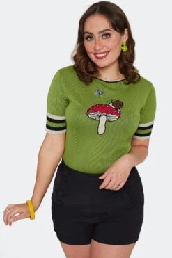 Green Moth Snail And Mushroom Knit Pullover Sweater By Voodoo Vixen -MODERN MILLIE Shop SWA7159 GRN 01
