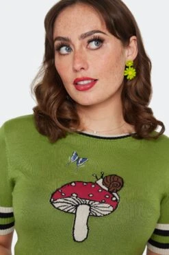 Green Moth Snail And Mushroom Knit Pullover Sweater By Voodoo Vixen -MODERN MILLIE Shop SWA7159 GRN 03