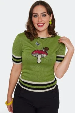 Green Moth Snail And Mushroom Knit Pullover Sweater By Voodoo Vixen -MODERN MILLIE Shop SWA7159 GRN 05