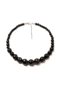 Black Heavy Carve Beaded Necklace By Splendette
