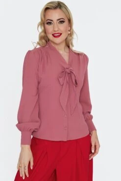 Pink Tie-Neck Puff Sleeve Button Down Blouse By Voodoo Vixen -MODERN MILLIE Shop TPA3171 PNK 05