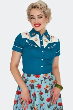 Cactus Floral Western Top In Blue By Voodoo Vixen -MODERN MILLIE Shop TPA3182 BLU 01