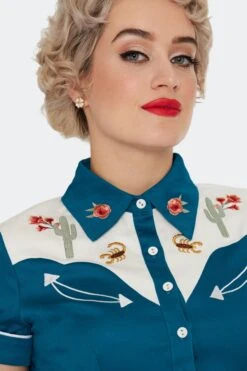 Cactus Floral Western Top In Blue By Voodoo Vixen -MODERN MILLIE Shop TPA3182 BLU 03
