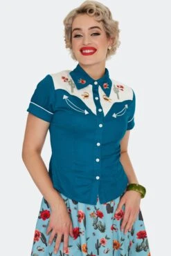 Cactus Floral Western Top In Blue By Voodoo Vixen -MODERN MILLIE Shop TPA3182 BLU 05