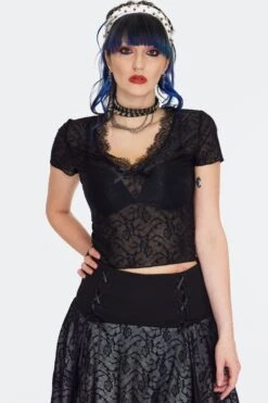 Black Short Sleeve Fitted Lace Floral Top By Jawbreaker 9 Black Short Sleeve Fitted Lace Floral Top By Jawbreaker -MODERN MILLIE Shop TPA3200 BLK 01
