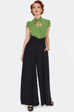 Black Pleated High Waisted Suspender Pants By Voodoo Vixen -MODERN MILLIE Shop TRA5083 BLK 04