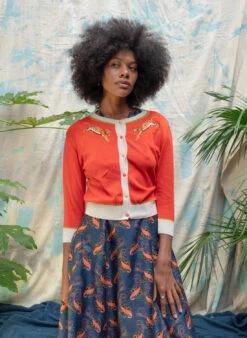 Coral Leaping Tiger Vera Cardigan By Palava -MODERN MILLIE Shop Vera coral tigers website 4