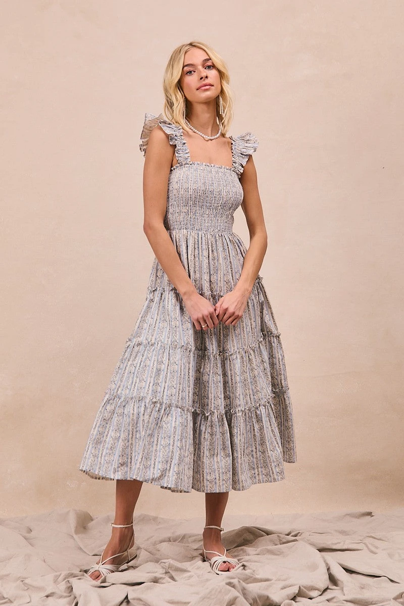 Floral and Striped Smocked Ruffle Sleeve Midi Dress Floral And Striped Smocked Ruffle Sleeve Midi Dress -MODERN MILLIE Shop a2947829 048b 45af aba2 90064430af7f