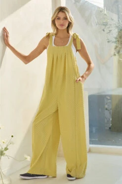 Checkered Jacquard Wide Leg Jumpsuit In Yellow