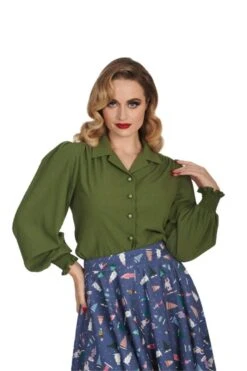 Puff Sleeve Bonnie Blouse In Olive By Banned -MODERN MILLIE Shop bl14223 olive3744 1
