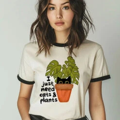 I Just Need Cats And Plants Ringer T-Shirt In Off-White -MODERN MILLIE Shop ca1e14c3cd42632de0b6a3aad713a70b57f6a730cf2726aa81a0715a89e0259a