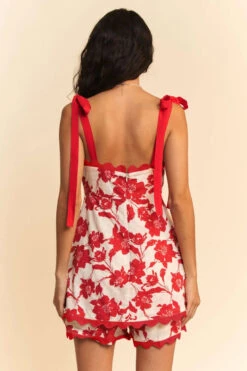 Red Floral Tie Shoulder Ric-Rac Romper In Red -MODERN MILLIE Shop cd703e1bc2efe5dc459d0455178c9646c6d6010a1d6921e311966295aee552de