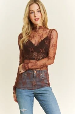 Brown Mesh Long Sleeve Mock Neck Sheer Top