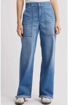 Chambray Elastic Waist Wide Leg Utility Pants By 1822 Denim