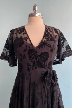 Lydia Wrap Dress In Black Flocked Rose Mesh By Wax Poetic 4 Lydia Wrap Dress In Black Flocked Rose Mesh By Wax Poetic -MODERN MILLIE Shop image 0afd6658 1f95 4687 b843 a4d38878fc66