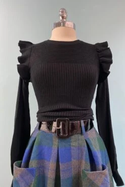 Black Shoulder Ruffle Crewneck Sweater
