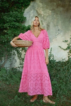 Pink Eyelet Midi Dress By Molly Bracken -MODERN MILLIE Shop long openwork embroidery dress bb3eddea b1cb 497a 9b2a c45ce9d001d6