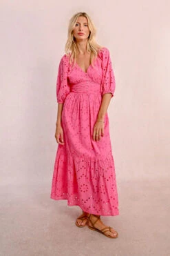 Pink Eyelet Midi Dress By Molly Bracken -MODERN MILLIE Shop long openwork embroidery dress d0042cd5 478d 451c 8b65 c97e53e7b303