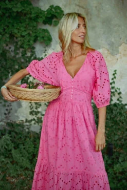 Pink Eyelet Midi Dress By Molly Bracken -MODERN MILLIE Shop long openwork embroidery dress fe19f591 1da5 4d72 936d 1f4acd2c23fa