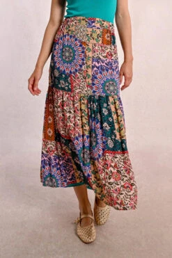 Patchwork Floral Elastic Waist Midi Skirt By Molly Bracken -MODERN MILLIE Shop long ruffled skirt 69a28447 ebde 4a7d acee 0203d11baeab