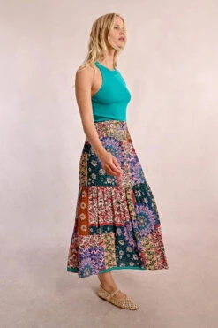 Patchwork Floral Elastic Waist Midi Skirt By Molly Bracken -MODERN MILLIE Shop long ruffled skirt d4d277c2 7cff 4868 abdb 934c210af901