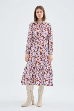 Lavender And Brown Floral Midi Dress By Compania Fantastica -MODERN MILLIE Shop midi flared dress with flower print
