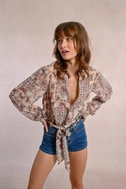 Butterfly And Floral Sheer Long Sleeve Top By Molly Bracken -MODERN MILLIE Shop printed and semi transparent blouse 27c46208 90a1 4897 83d0 1f7170467eaf