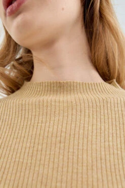 Tan Ribbed Knit High Collar Sweater By Compania Fantastica -MODERN MILLIE Shop ribbed knit sweater with a yellow perkins collar